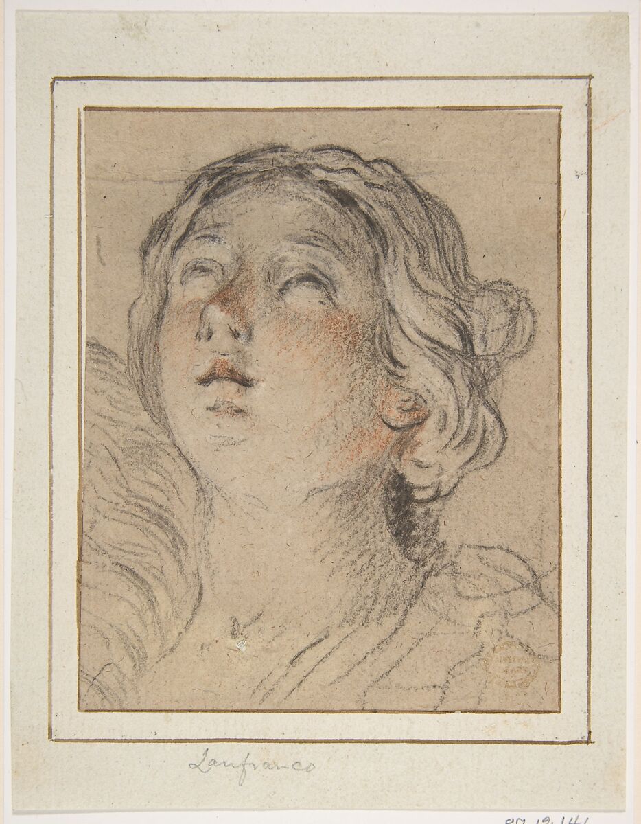 Female Head Upturned, attributed to Giovan Gioseffo dal Sole (Italian, Bologna 1654–1719 Bologna), Black chalk, highlighted with red chalk 
