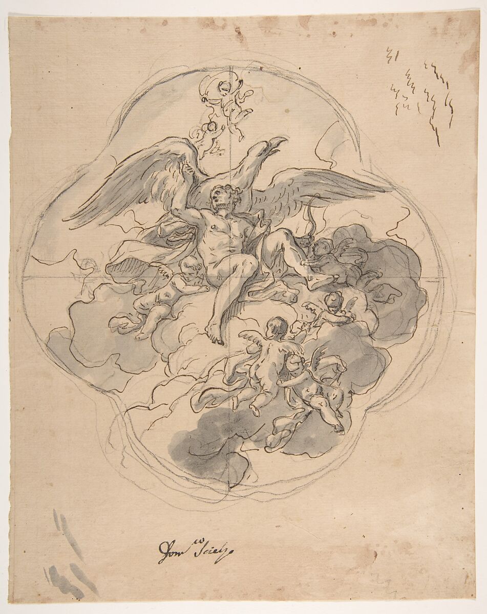 Jupiter with his Eagle (recto), Francesco Solimena (Italian, Canale di Serino 1657–1747 Barra), Pen, brown ink, gray wash over black chalk