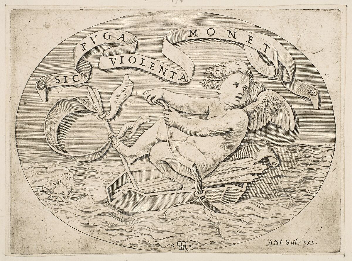 Eros Escaping by Sea; Cupid using his bow to propel a boat made from his quiver with an arrow as the mast and his blindfold as the sail, a banderole above, Marco Dente (Italian, Ravenna, active by 1515–died 1527 Rome), Engraving 