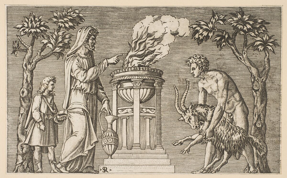 The Sacrifice of a Ram; naked man at right guiding a ram towards an altar pyre, hooded priest at left with a young attendant, Marco Dente (Italian, Ravenna, active by 1515–died 1527 Rome), Engraving 