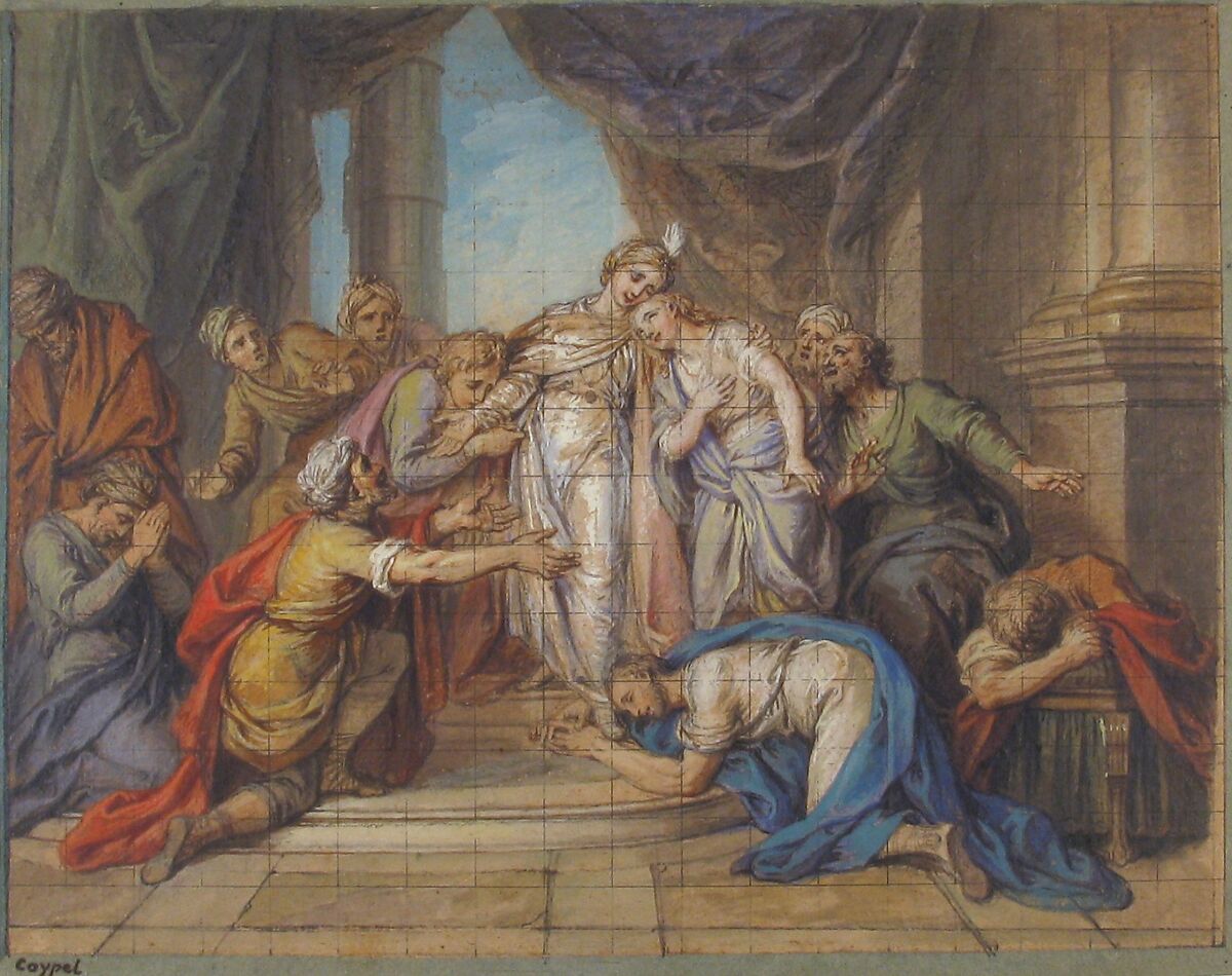 Joseph Recognized by his Brothers, Charles Antoine Coypel (French, Paris 1694–1752 Paris), Red and black chalk, watercolor, and gouache; squared in pen and black ink