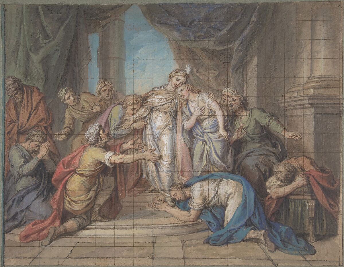 Joseph Recognized by his Brothers, Charles Antoine Coypel (French, Paris 1694–1752 Paris), Red and black chalk, watercolor, and gouache, squared in pen and black ink 