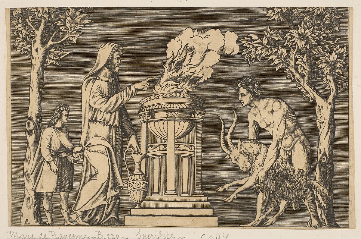 The sacrifice of a ram held by a naked man at right, hooded priest at left with a young attendant, Anonymous, Italian, 16th to early 17th century, Engraving 