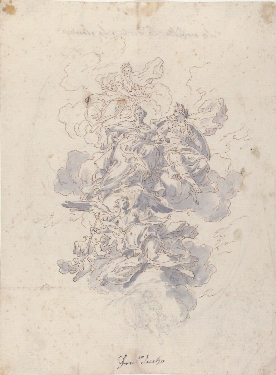 Group of Allegorical figures: Sketch for a Ceiling Decoration ?, Francesco Solimena (Italian, Canale di Serino 1657–1747 Barra), Pen, brown ink, gray wash over black chalk