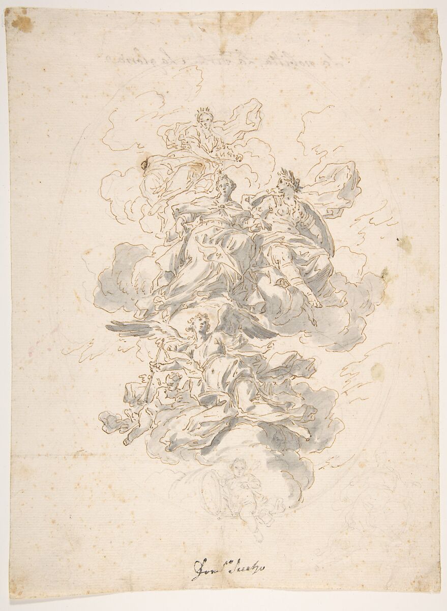 Group of Allegorical figures: Sketch for a Ceiling Decoration ?, Francesco Solimena (Italian, Canale di Serino 1657–1747 Barra), Pen, brown ink, gray wash over black chalk 