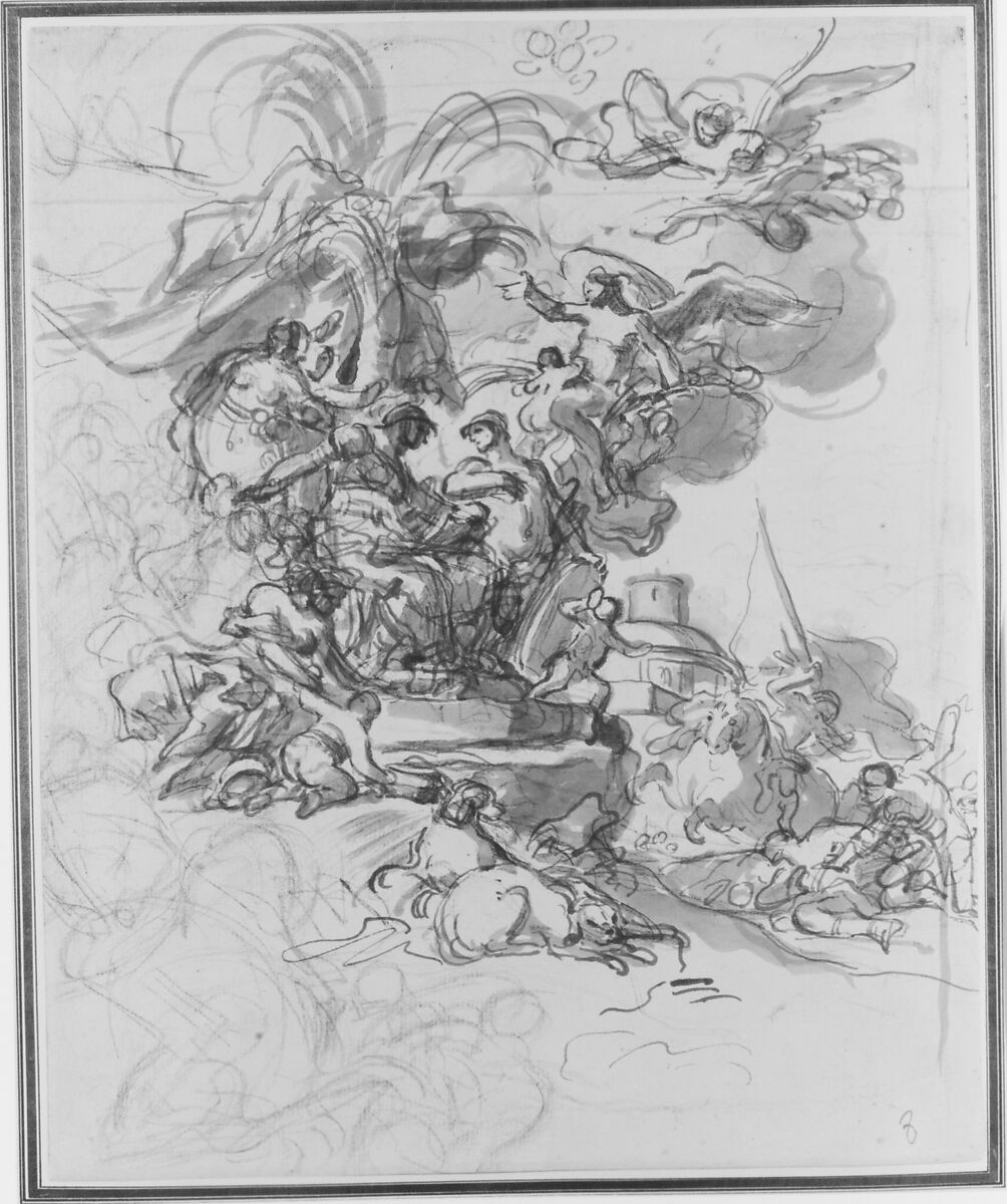The Prophetess Deborah Ordering Barak to Take Arms against Sisera, Francesco Solimena (Italian, Canale di Serino 1657–1747 Barra), Brush and black ink, brush and gray wash, over black chalk (recto); small black chalk sketch of a nude male figure (verso)