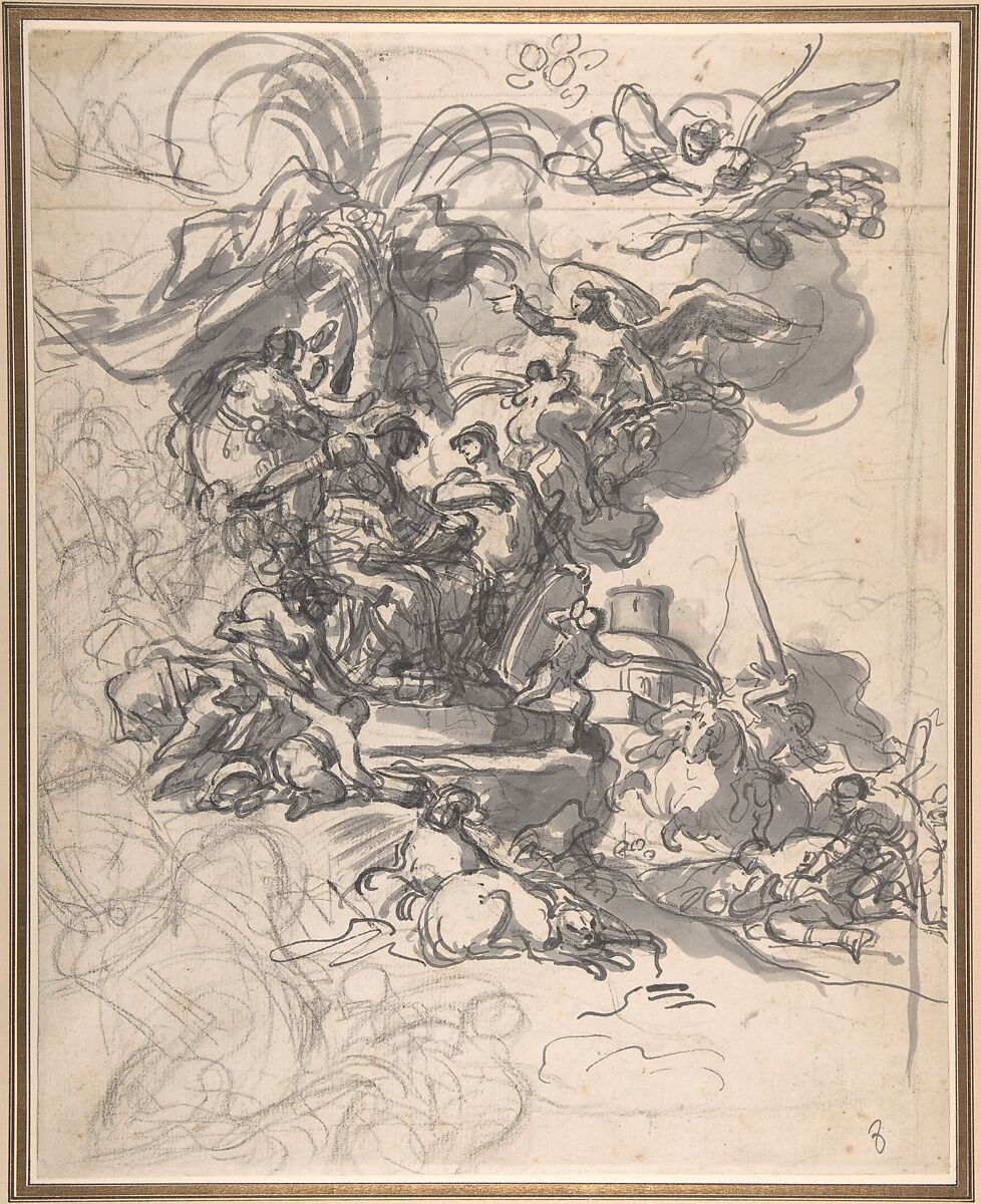 The Prophetess Deborah Ordering Barak to Take Arms against Sisera, Francesco Solimena (Italian, Canale di Serino 1657–1747 Barra), Brush and black ink, brush and gray wash, over black chalk (recto); small black chalk sketch of a nude male figure (verso) 