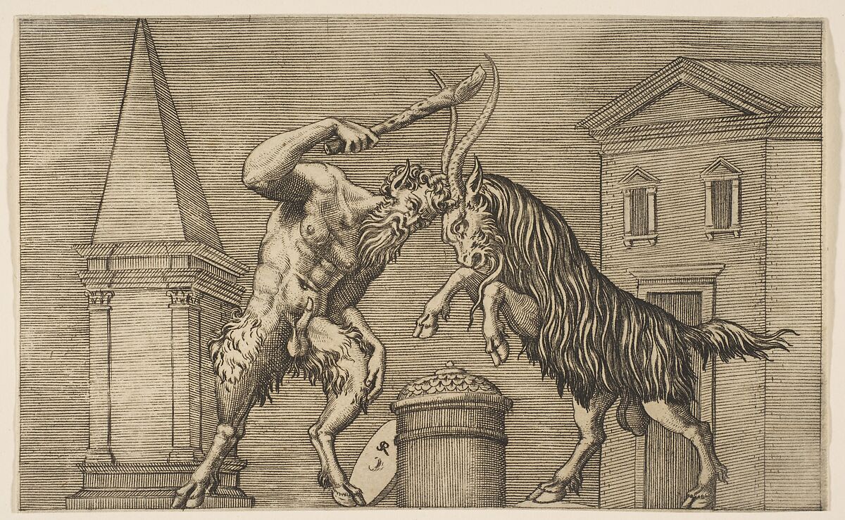 A satyr and a ram attacking each other, the satyr weilding a club with his right hand, a shield resting against a small column at center, buildings in the background, Marco Dente (Italian, Ravenna, active by 1515–died 1527 Rome), Engraving 