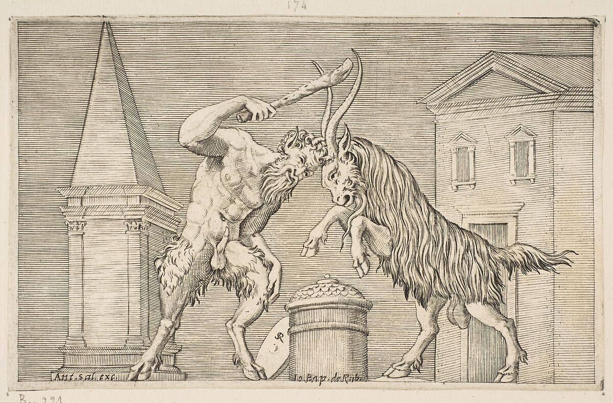 A satyr and a ram attacking each other, the satyr weilding a club with his right hand, a shield resting against a small column at center, buildings in the background, Marco Dente (Italian, Ravenna, active by 1515–died 1527 Rome), Engraving 
