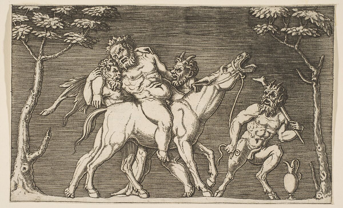 Two satyrs placing Silenus on a braying mule and a third satyr at right, Attributed to Marco Dente (Italian, Ravenna, active by 1515–died 1527 Rome), Engraving 
