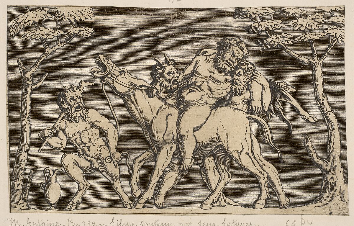Two satyrs placing Silenus on a braying mule and a third satyr at left, Anonymous, Italian, 16th to early 17th century, Engraving 