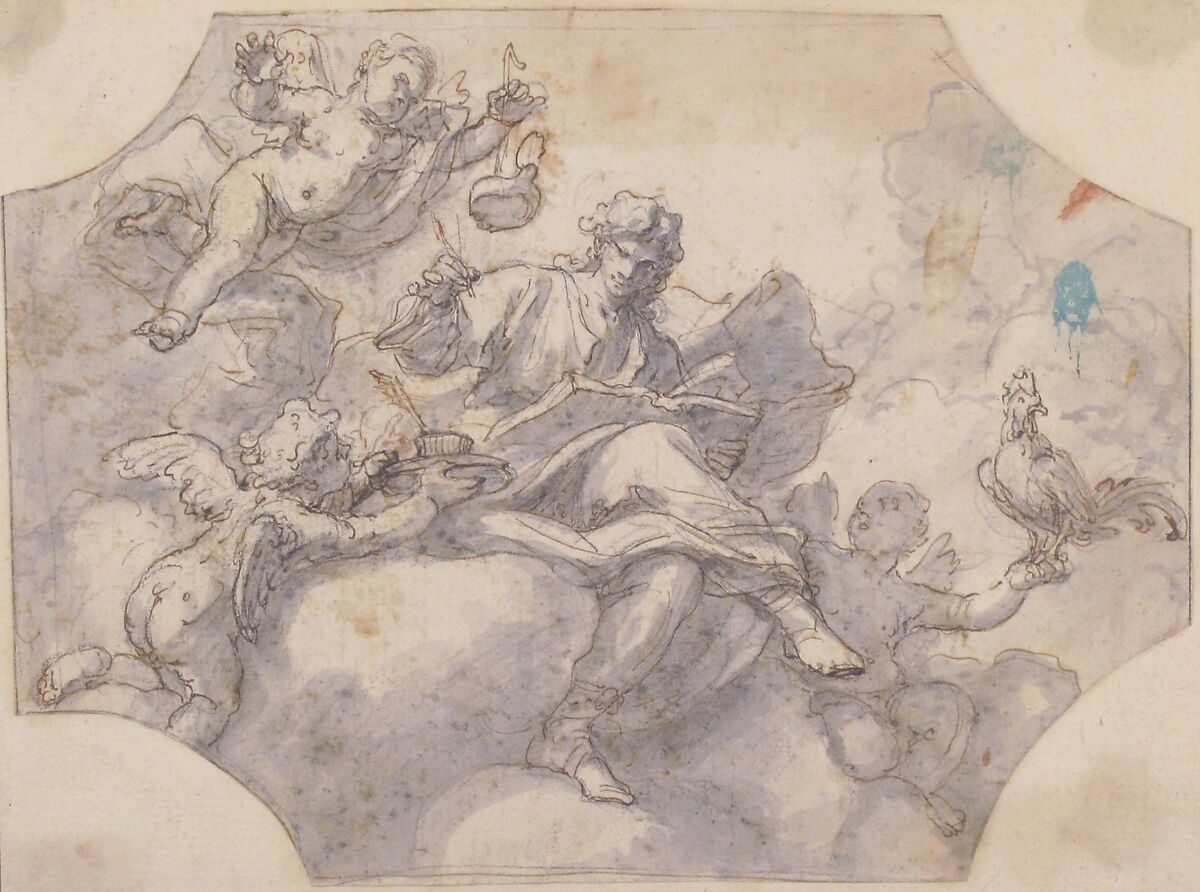 Allegorical Figure of Study, Francesco Solimena (Italian, Canale di Serino 1657–1747 Barra), Pen and brown ink, brush and gray wash, over black chalk