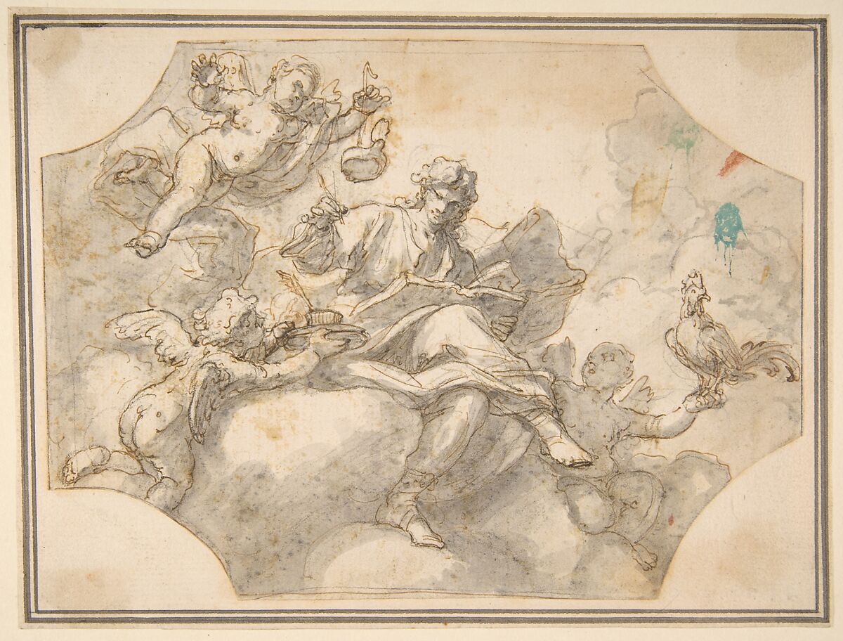 Allegorical Figure of Study, Francesco Solimena (Italian, Canale di Serino 1657–1747 Barra), Pen and brown ink, brush and gray wash, over black chalk 