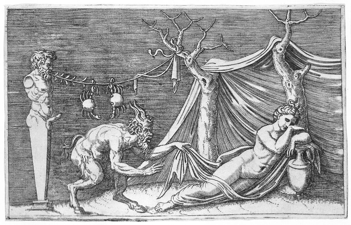 A satyr discovering a sleeping woman; two crabs hanging from a rope which is strung between a term and a tree, Marco Dente (Italian, Ravenna, active by 1515–died 1527 Rome), Engraving