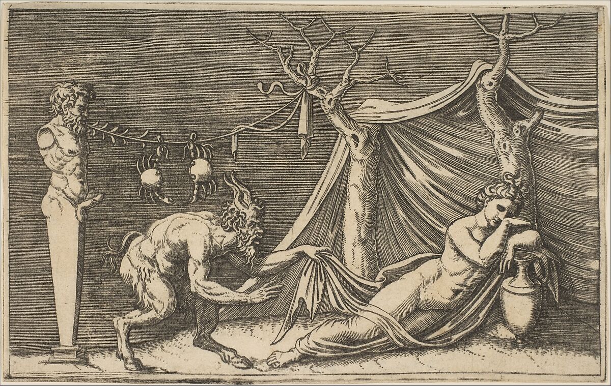 A satyr discovering a sleeping woman; two crabs hanging from a rope which is strung between a term and a tree, Marco Dente (Italian, Ravenna, active by 1515–died 1527 Rome), Engraving 