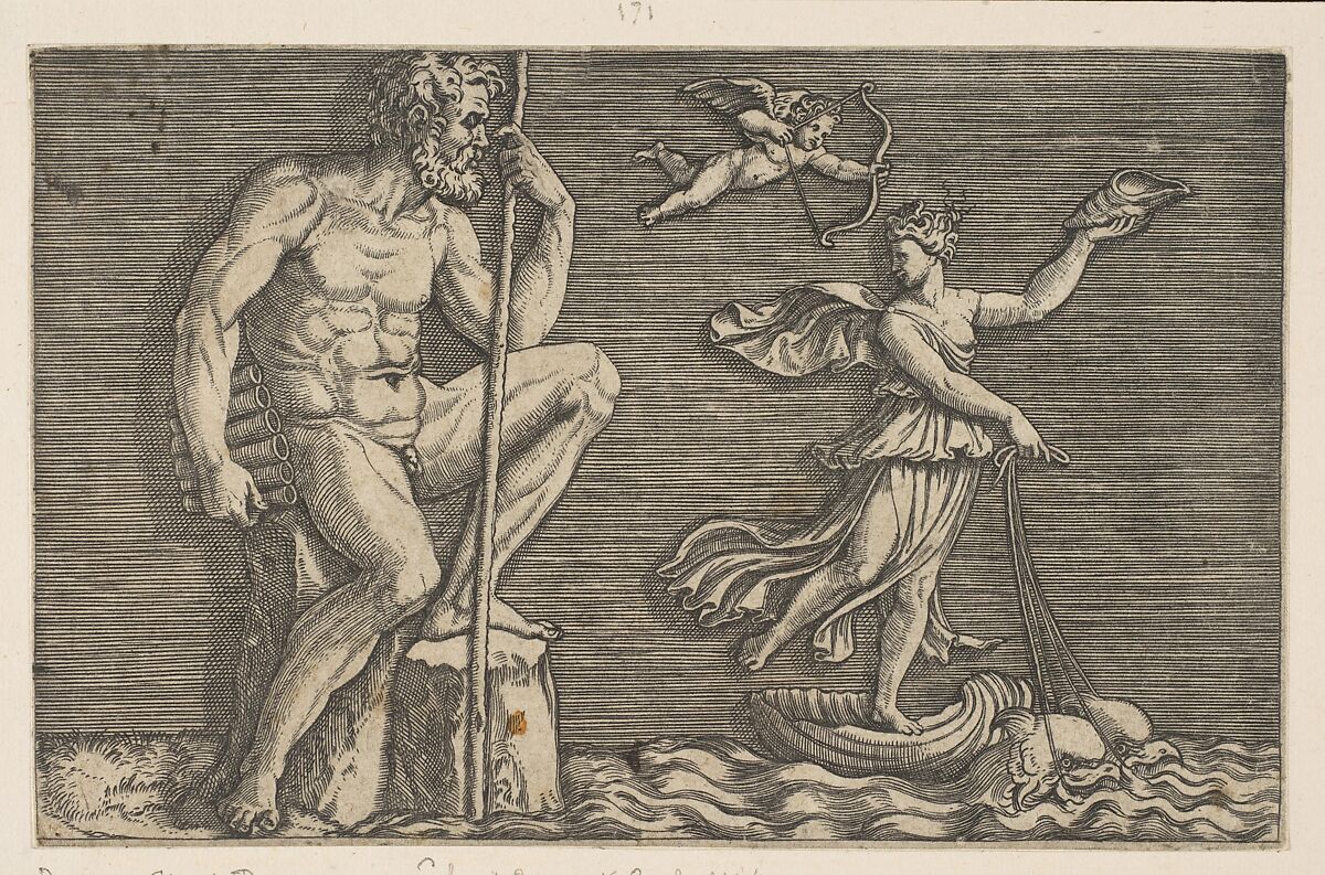 Galatea escaping Polyphemus; he is seated on a rock holding a staff and pipes and looking towards Galatea at right riding a shell pulled by two dolphins, Cupid flying above, Marco Dente (Italian, Ravenna, active by 1515–died 1527 Rome), Engraving 