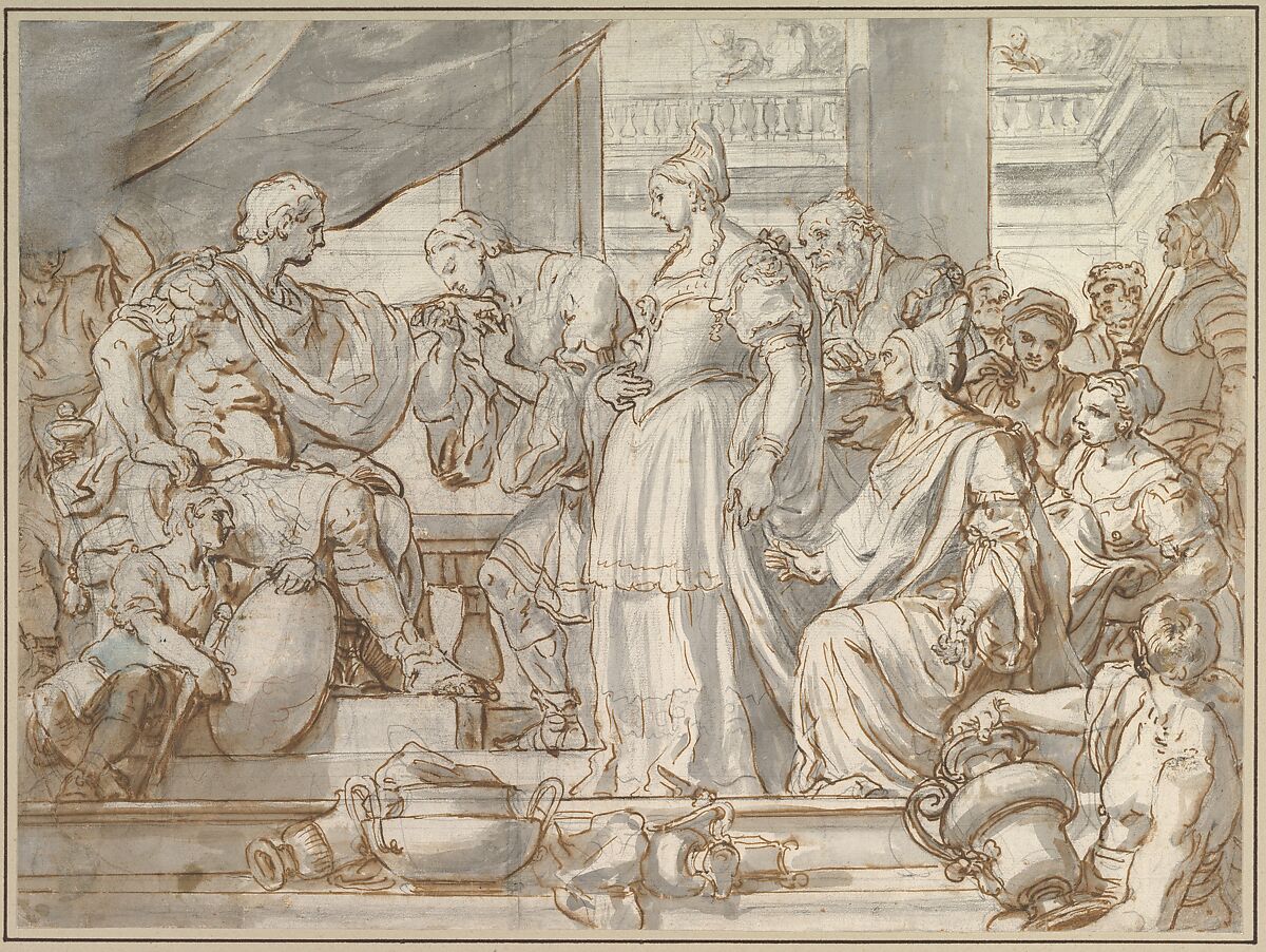 The Continence of Scipio, Francesco Solimena (Italian, Canale di Serino 1657–1747 Barra), Pen and brown ink, brush and gray wash, over black chalk 