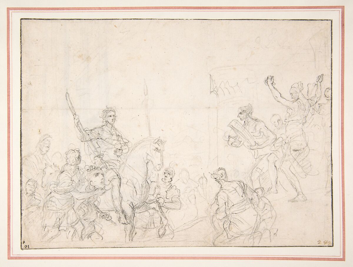 The Triumph of David, Francesco Solimena (Italian, Canale di Serino 1657–1747 Barra), Black chalk (recto); design for a door or window frame (verso) 