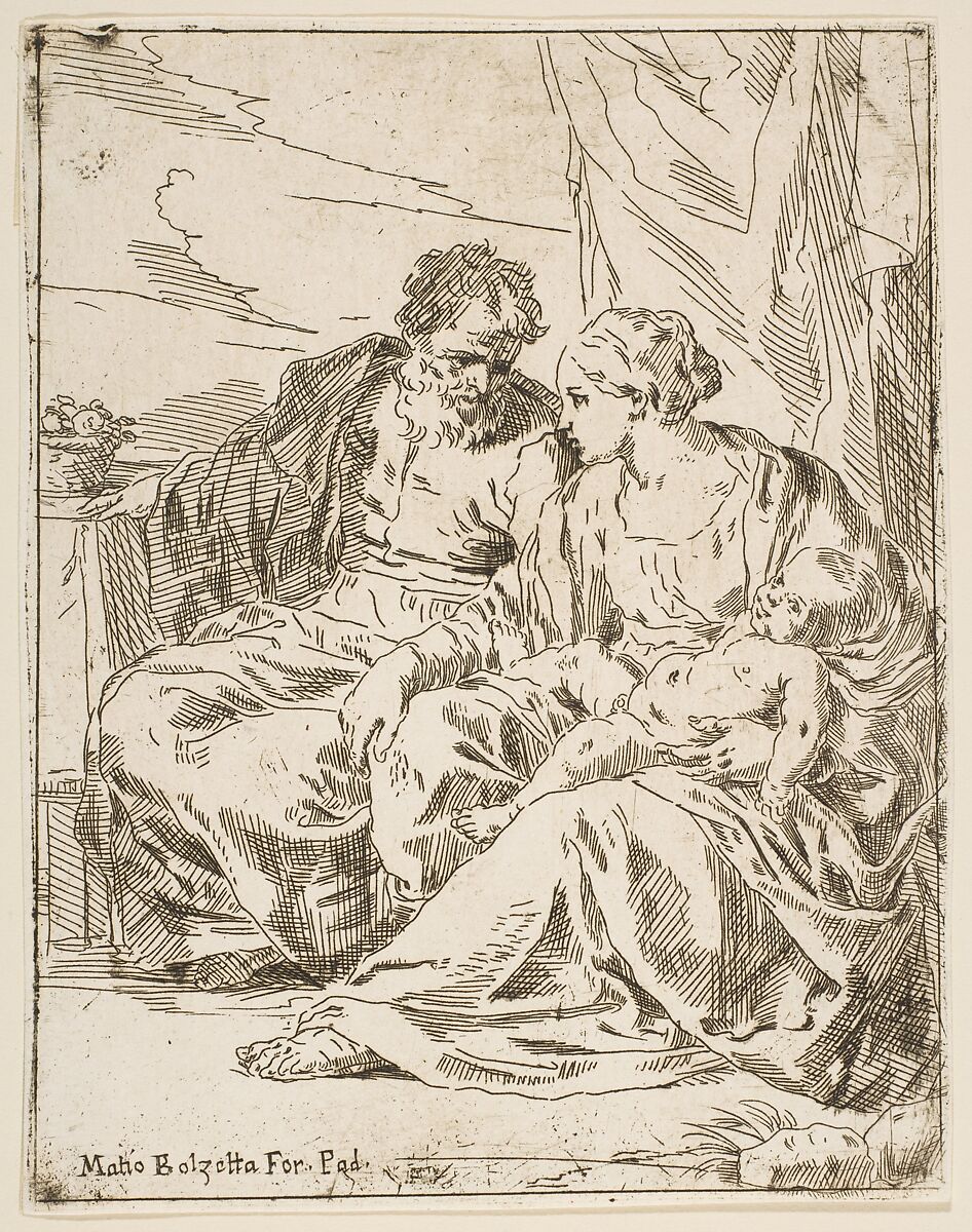 Rest on the flight into Egypt, Mary holding the infant Christ while St. Joseph points into the distance, copy after Cantarini, After Simone Cantarini (Italian, Pesaro 1612–1648 Verona), Etching 