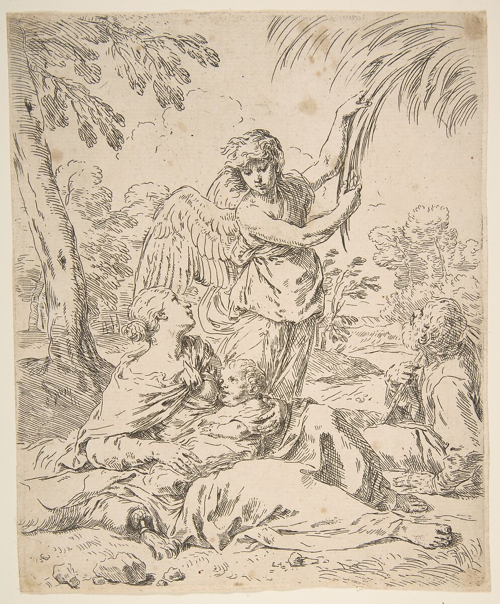 Repose in Egypt, Mary nursing the infant Christ while an angel pulls at tree branches, Simone Cantarini (Italian, Pesaro 1612–1648 Verona), Etching 