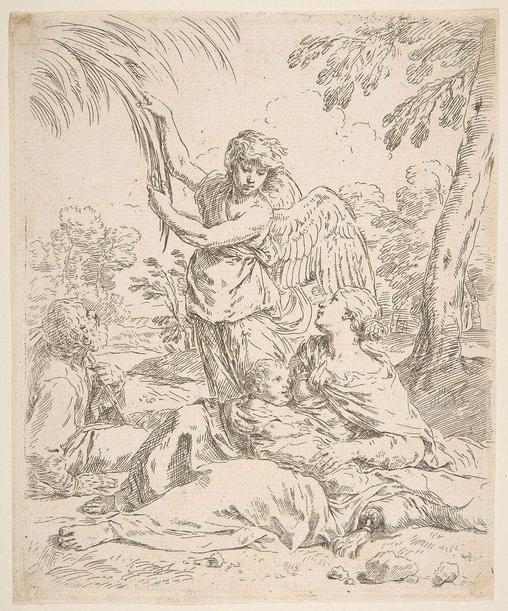 Repose in Egypt, Mary nursing the infant Christ while an angel pulls at tree branches, Simone Cantarini (Italian, Pesaro 1612–1648 Verona), Etching 