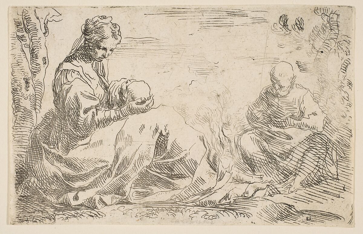Rest on the flight into Egypt, Mary holding and looking at the infant Christ while St. Joseph reads, Simone Cantarini (Italian, Pesaro 1612–1648 Verona), Etching 