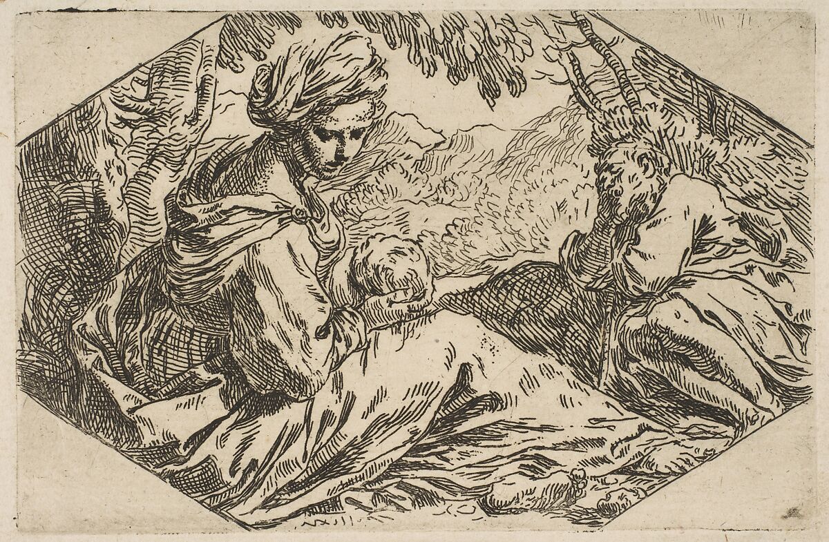Repose in Egypt, Mary holding and looking at the infant Christ while St. Joseph sleeps, Simone Cantarini (Italian, Pesaro 1612–1648 Verona), Etching 