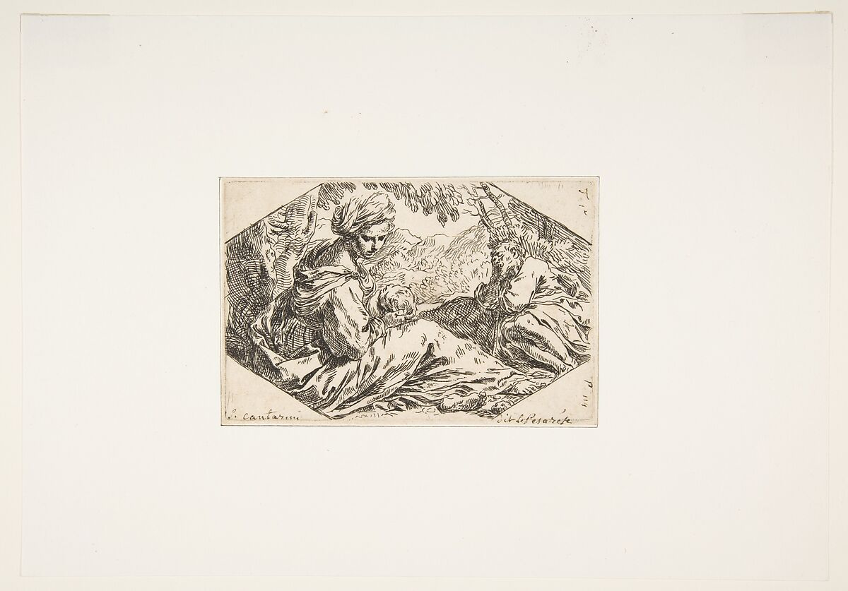 Repose in Egypt, Mary holding and looking at the infant Christ while St. Joseph sleeps, Simone Cantarini (Italian, Pesaro 1612–1648 Verona), Etching