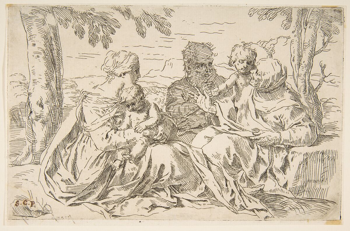 Holy Family with Saint Elizabeth and Saint John the Baptist, Simone Cantarini (Italian, Pesaro 1612–1648 Verona), Etching 