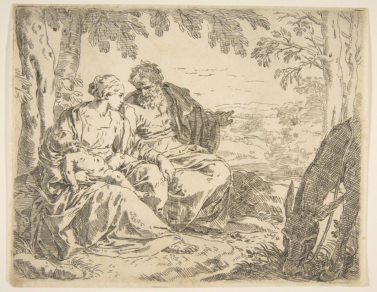 Rest on the flight into Egypt, Mary holding the infant Christ while St. Joseph points into the distance, Simone Cantarini (Italian, Pesaro 1612–1648 Verona), Etching 