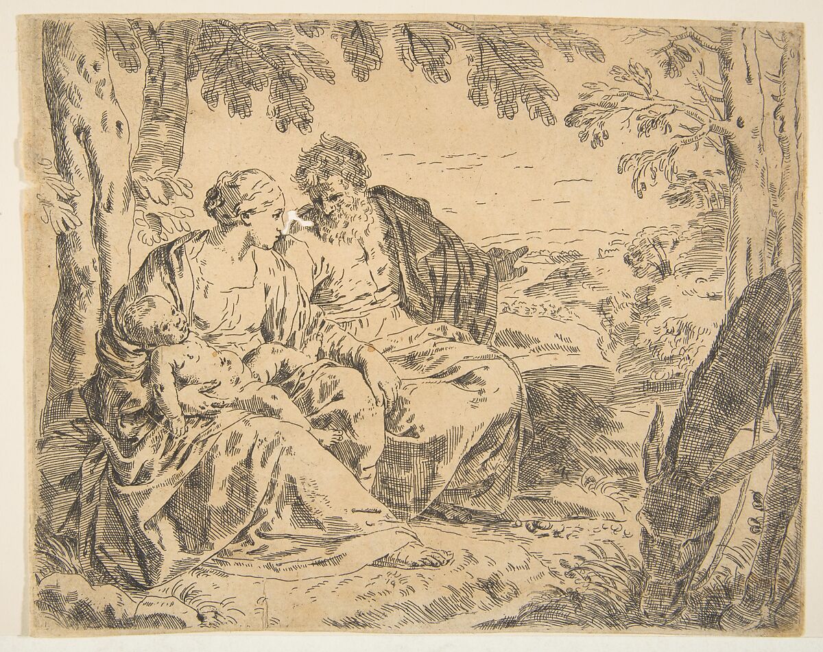 Rest on the flight into Egypt, Mary holding the infant Christ while St. Joseph points into the distance, copy after Cantarini, After Simone Cantarini (Italian, Pesaro 1612–1648 Verona), Etching 
