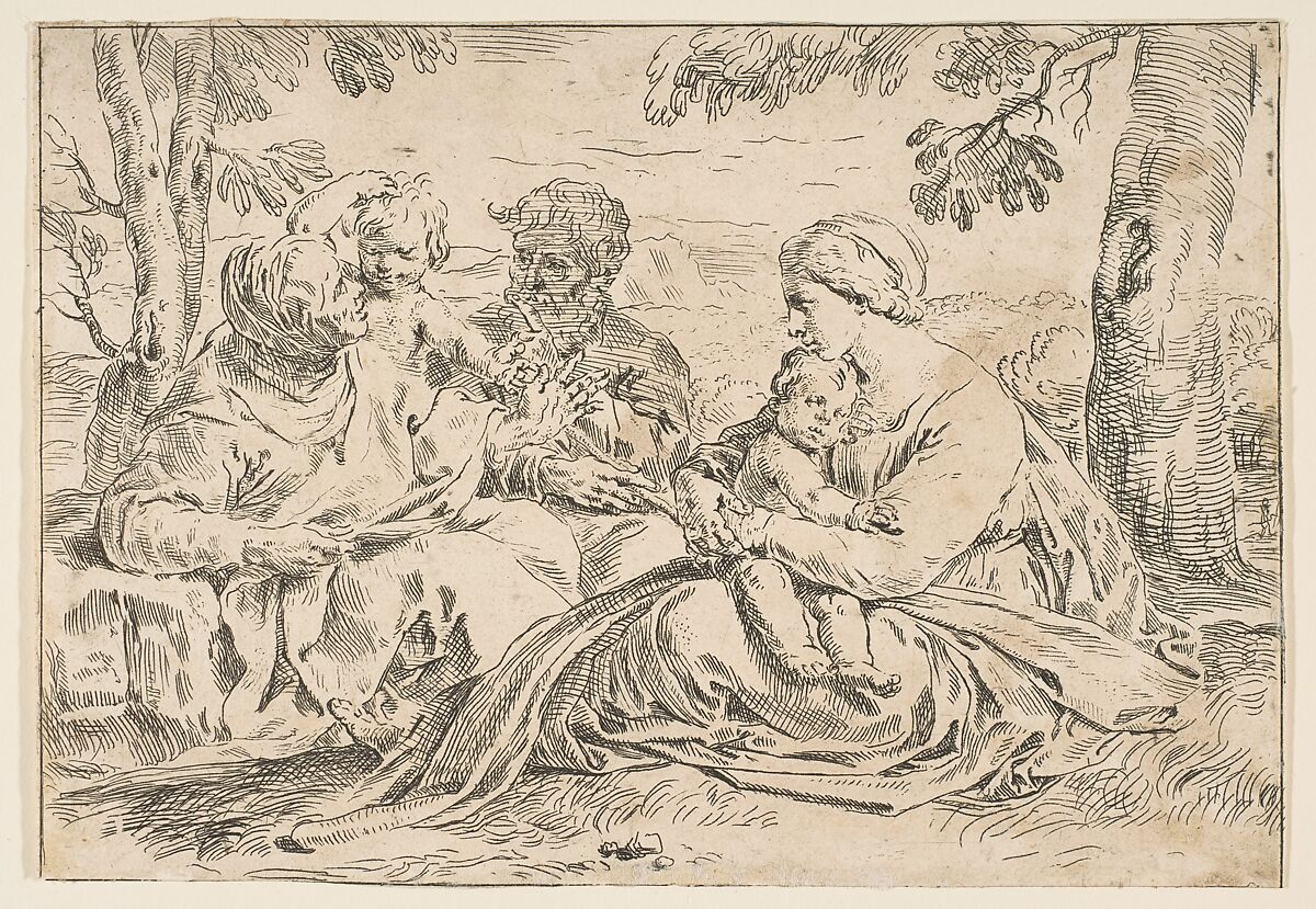 Holy Family with Saint Elizabeth and Saint John the Baptist, copy in reverse after Cantarini, After Simone Cantarini (Italian, Pesaro 1612–1648 Verona), Etching 