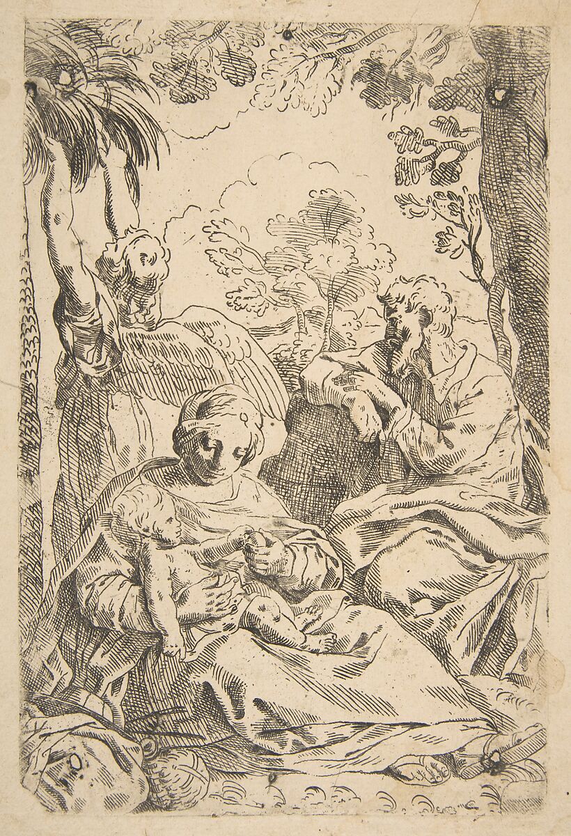 Repose in Egypt, Holy Family seated while an angel pulls at tree branches, copy after Cantarini, After Simone Cantarini (Italian, Pesaro 1612–1648 Verona), Etching 