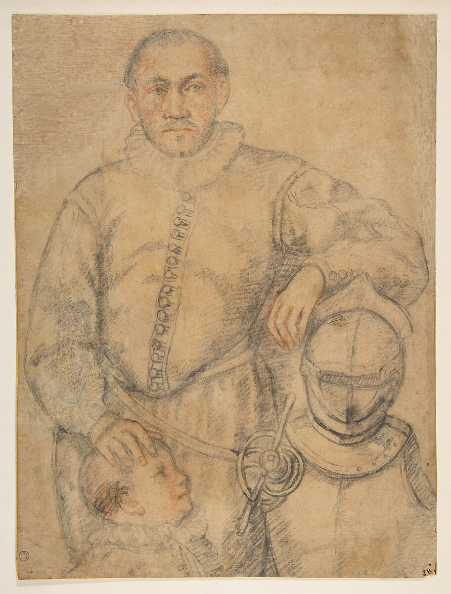 Half-Length Study of a Man Standing in Frontal View, Leaning on Armor and Accompanied by a Boy, Worshop of Federico Zuccaro (Zuccari) (Italian, Sant&#39;Angelo in Vado 1540/42–1609 Ancona), Black and red chalk on tan paper 