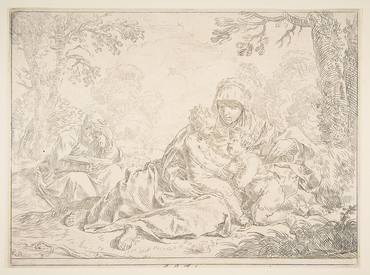 Holy Family with Saint John the Baptist, Simone Cantarini (Italian, Pesaro 1612–1648 Verona), Etching 