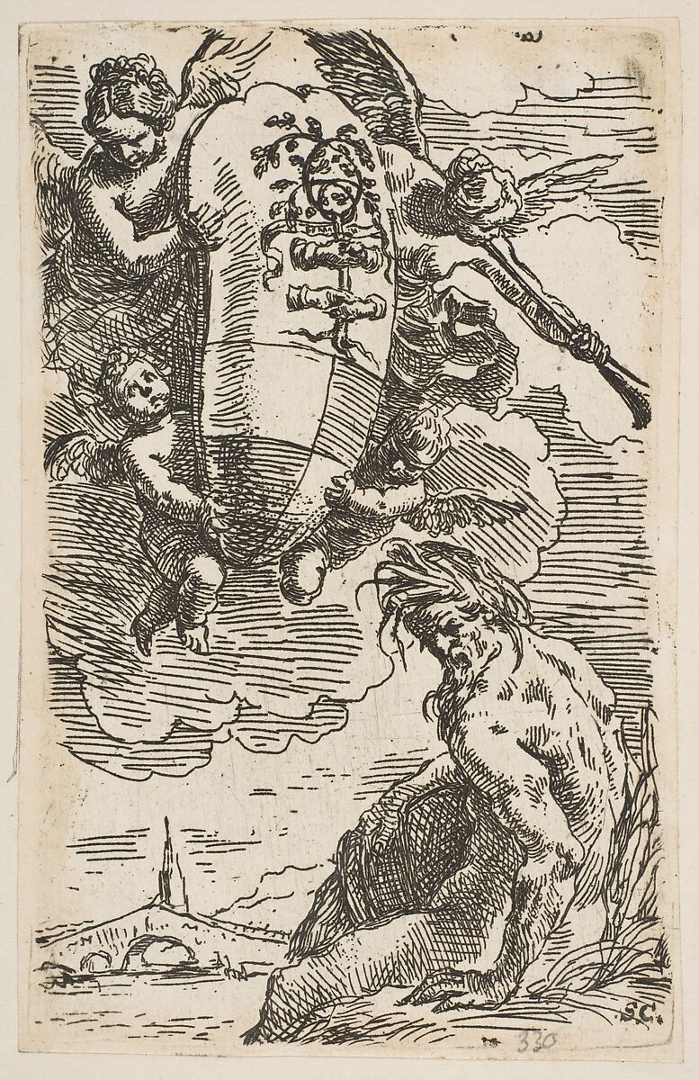 Allegory of the Foglia River with the city of Pesaro's coat of arms, frontispiece for "Il Pesarese", Simone Cantarini (Italian, Pesaro 1612–1648 Verona), Etching 