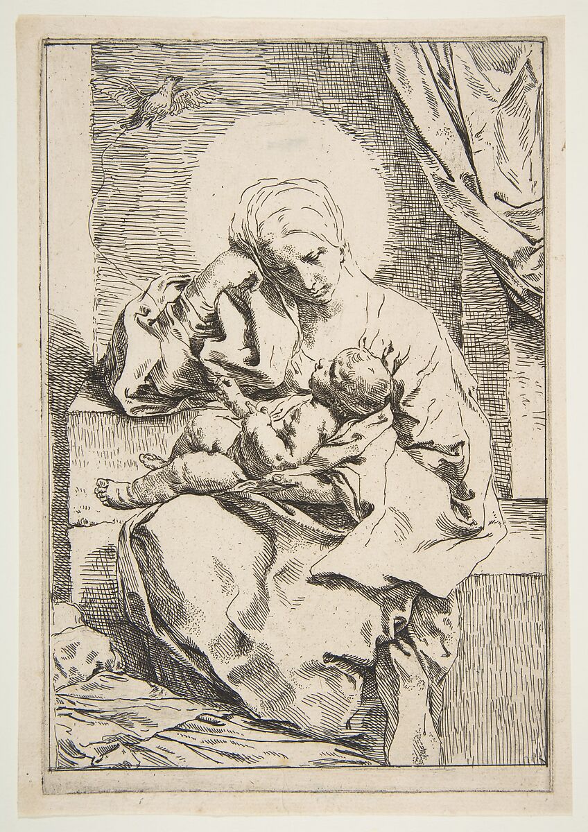 Madonna and Child with a bird, Simone Cantarini (Italian, Pesaro 1612–1648 Verona), Etching 