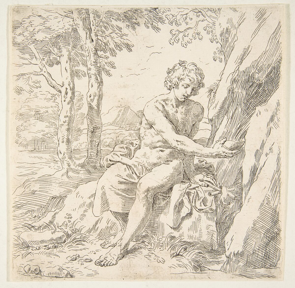 Saint John the Baptist in the desert, Simone Cantarini (Italian, Pesaro 1612–1648 Verona), Etching 