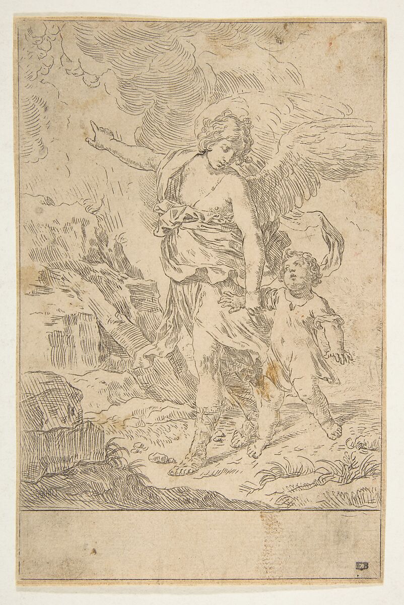 A guardian angel walking with a child, Simone Cantarini (Italian, Pesaro 1612–1648 Verona), Etching 