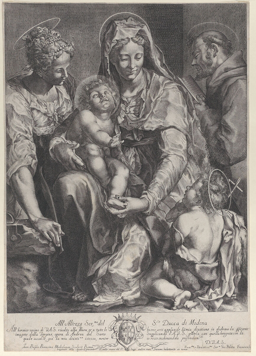 Virgin and Child with Saint Catherine, Francis of Assisi and John the Baptist, Giovanni Battista Bonacina (Italian, Milan 1620–ca. 1670), Engraving