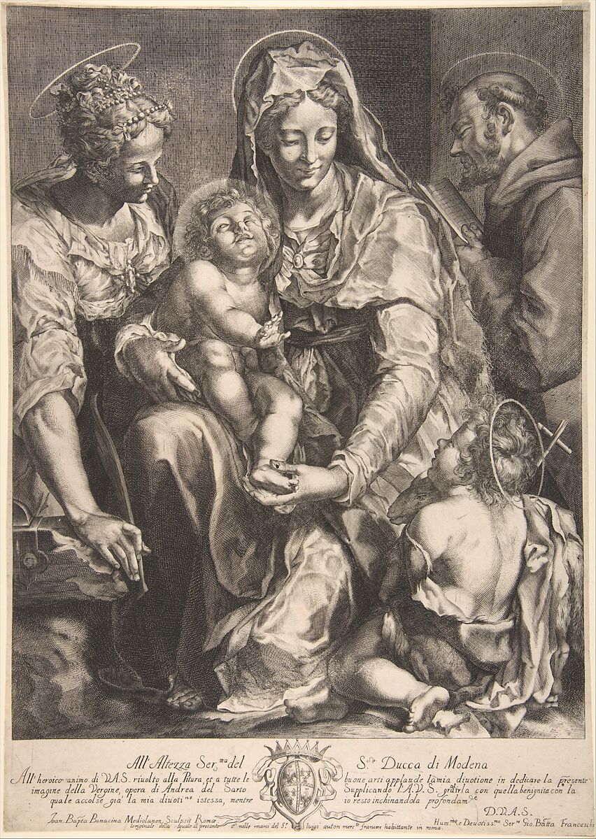 Virgin and Child with Saint Catherine, Francis of Assisi and John the Baptist, Giovanni Battista Bonacina (Italian, Milan 1620–ca. 1670), Engraving 