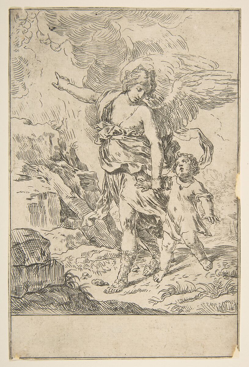 A guardian angel walking with a child, Simone Cantarini (Italian, Pesaro 1612–1648 Verona), Etching 