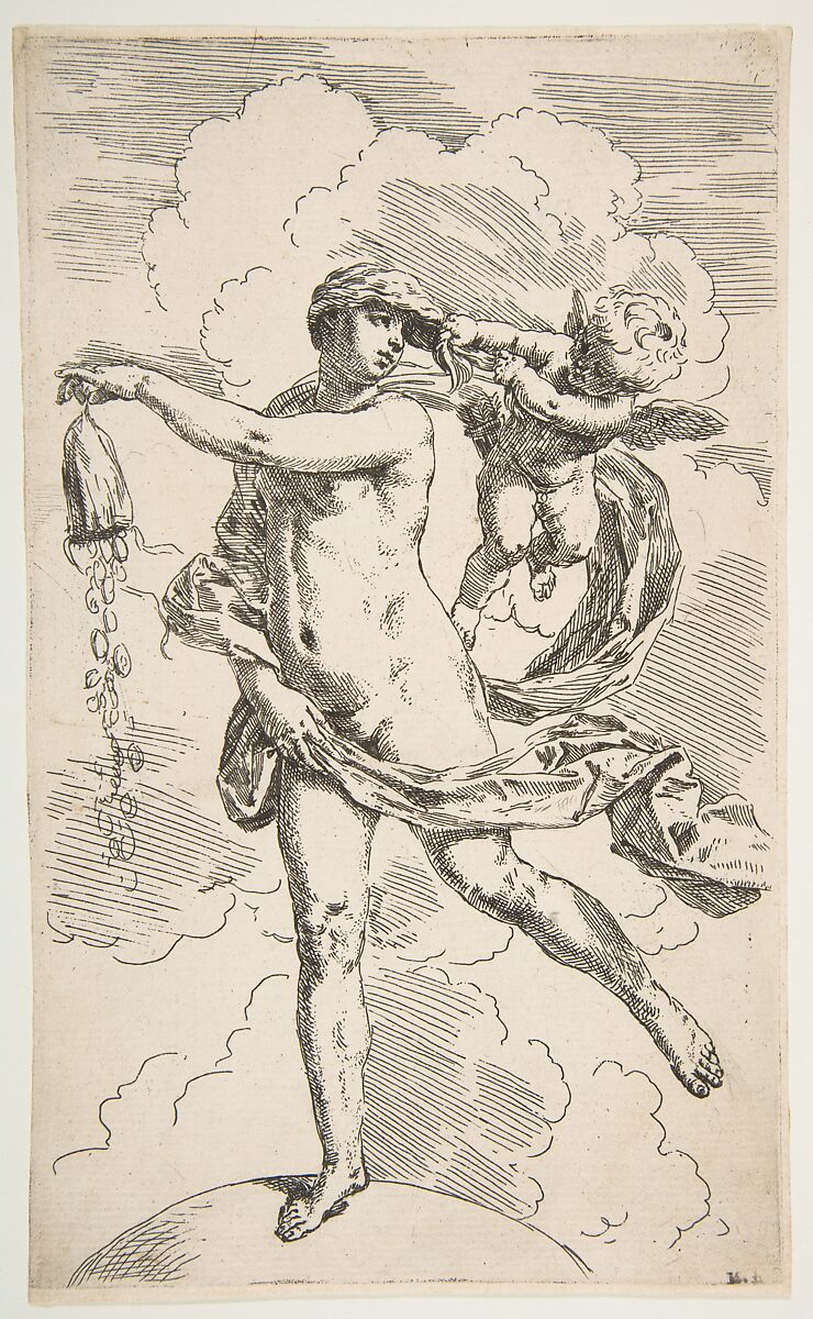 Fortune standing with one foot on a globe and emptying a purse of coins, Simone Cantarini (Italian, Pesaro 1612–1648 Verona), Etching 