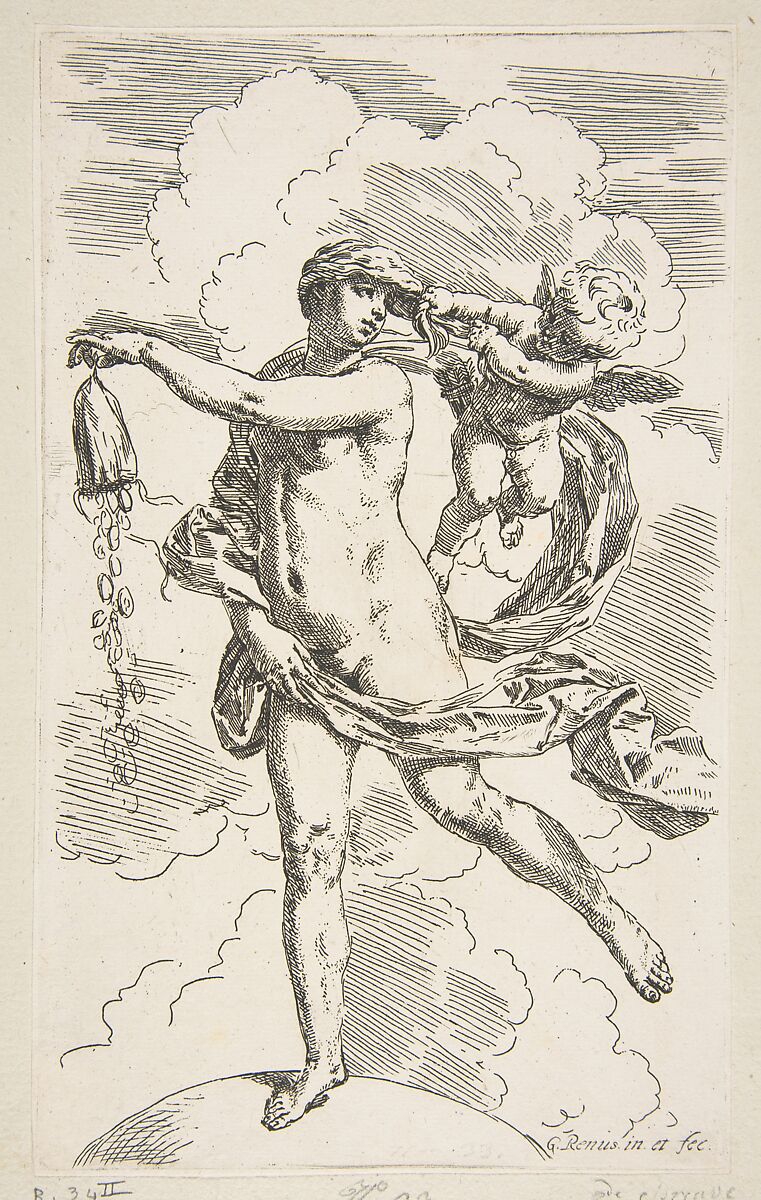Fortune standing on a globe emptying a purse of coins, Simone Cantarini (Italian, Pesaro 1612–1648 Verona), Etching 