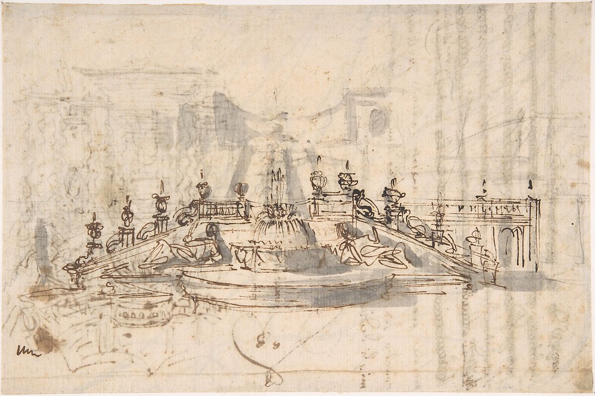 Manuscript page with a Project for a Fountain (recto); Project and Plan for a Monumental Staircase (verso), Luigi Vanvitelli (Italian, Naples 1700–1773 Caserta), Pen and brown ink, brush and gray wash, over black chalk or graphite (recto); pen and brown ink, brush and gray wash, graphite, red chalk (verso)