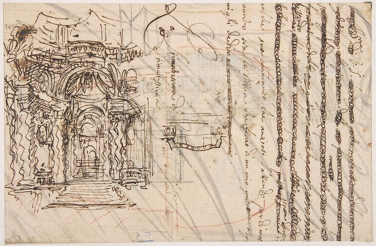 Manuscript page with a Project for a Fountain (recto); Project and Plan for a Monumental Staircase (verso), Luigi Vanvitelli (Italian, Naples 1700–1773 Caserta), Pen and brown ink, brush and gray wash, over black chalk or graphite (recto); pen and brown ink, brush and gray wash, graphite, red chalk (verso)