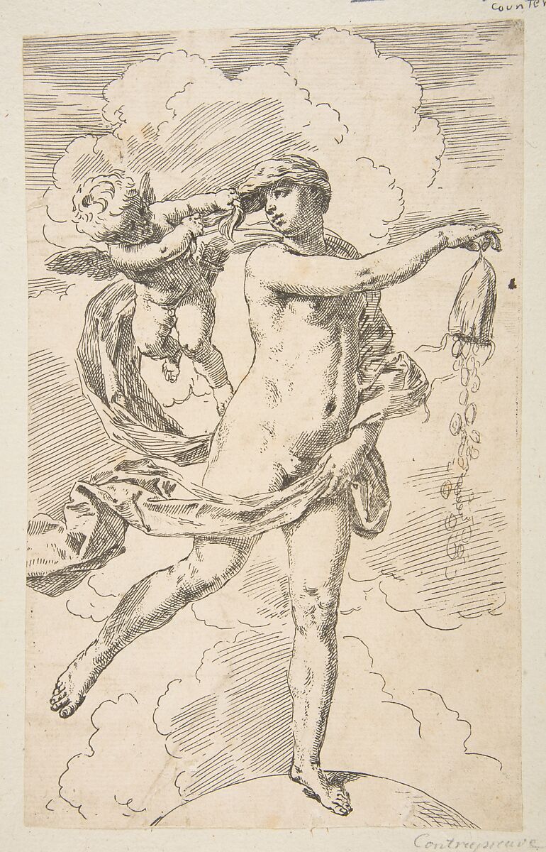 Fortune standing on a globe and emptying a purse of coins, Simone Cantarini (Italian, Pesaro 1612–1648 Verona), Etching 