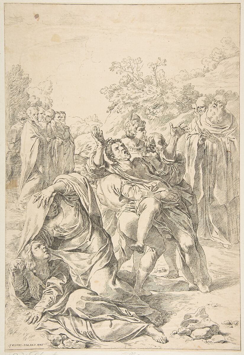 Saint Benedict exorcising a demon, Etched by Simone Cantarini (Italian, Pesaro 1612–1648 Verona), Etching 