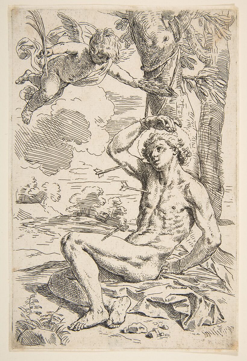 Saint Sebastian pierced with arrows and tied to a tree, Simone Cantarini (Italian, Pesaro 1612–1648 Verona), Etching 