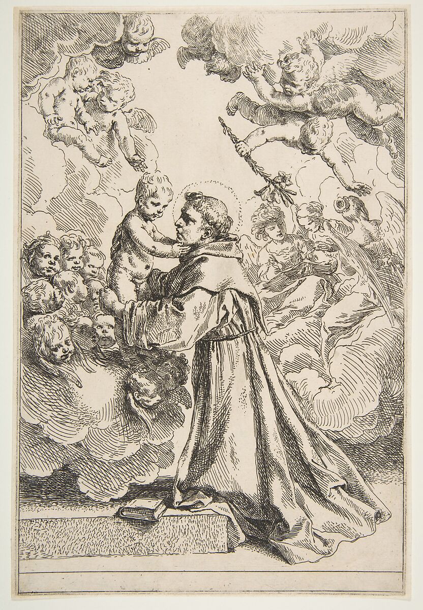 Saint Anthony of Padua adoring the Christ Child in Glory, Simone Cantarini (Italian, Pesaro 1612–1648 Verona), Etching 